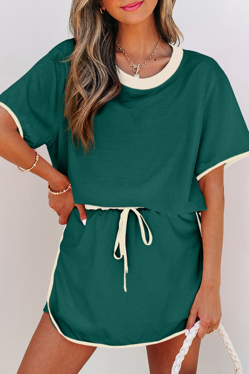 Turquoise Colorblock Edge Drop Shoulder T Shirt and Skort 2Pcs Set