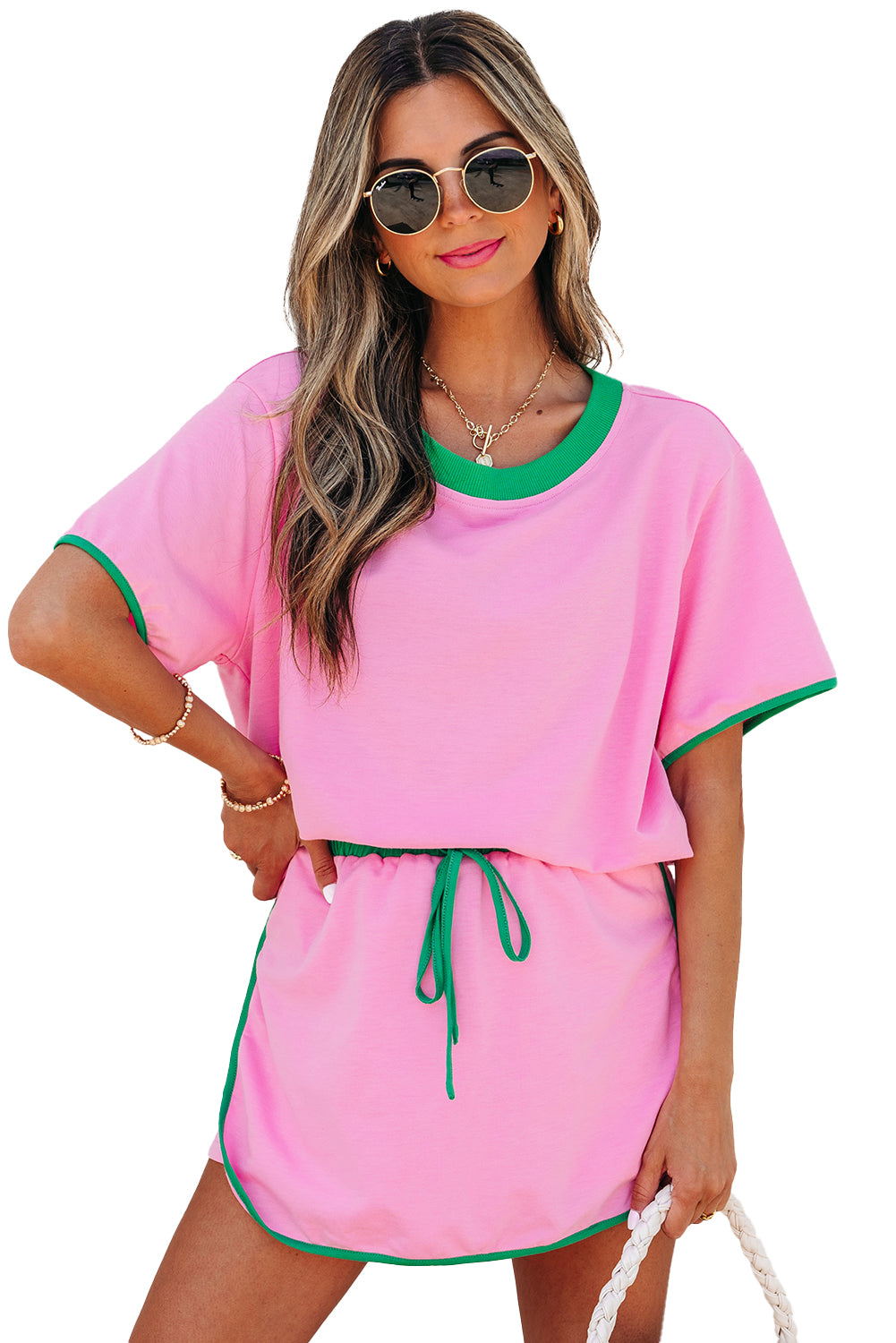 Turquoise Colorblock Edge Drop Shoulder T Shirt and Skort 2Pcs Set
