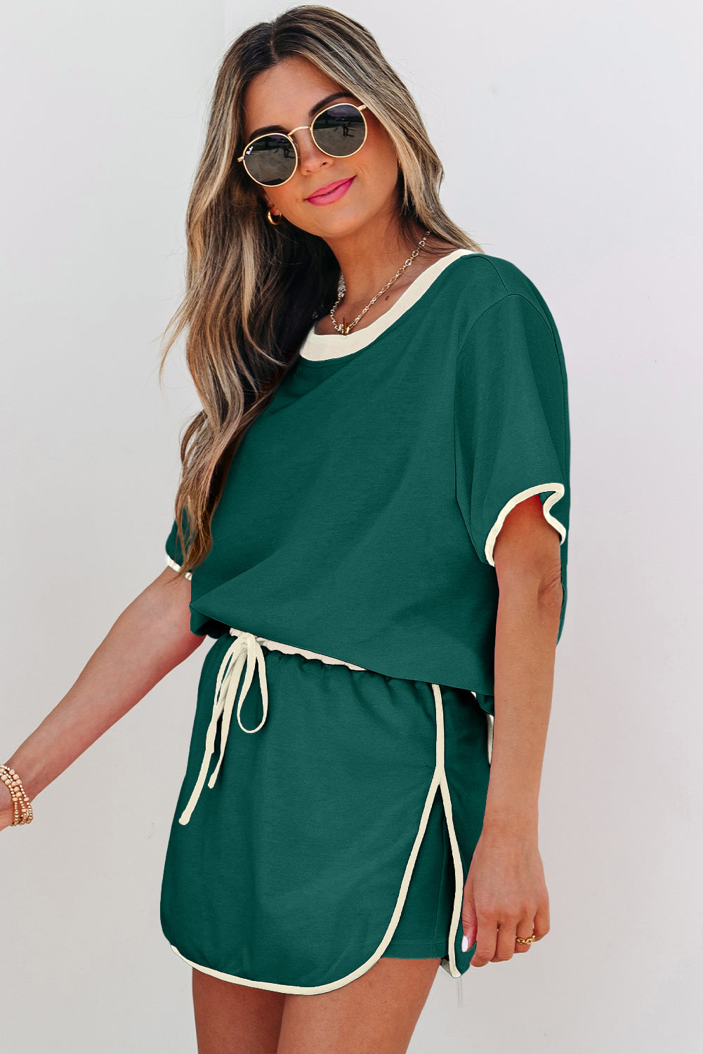 Turquoise Colorblock Edge Drop Shoulder T Shirt and Skort 2Pcs Set