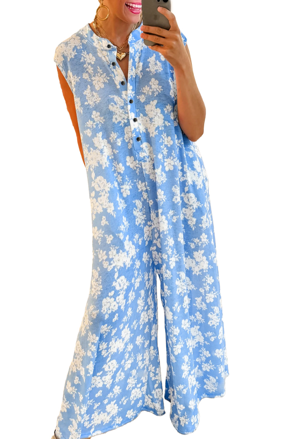 Myosotis Floral Print Half Button Wide Leg Relaxed Sleeveless Jumpsuit