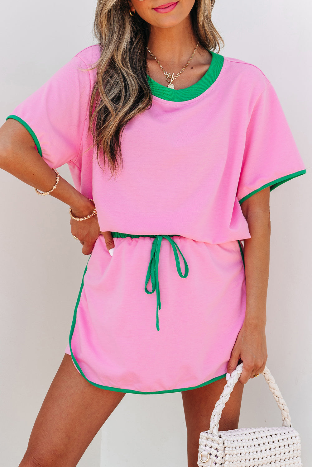Turquoise Colorblock Edge Drop Shoulder T Shirt and Skort 2Pcs Set