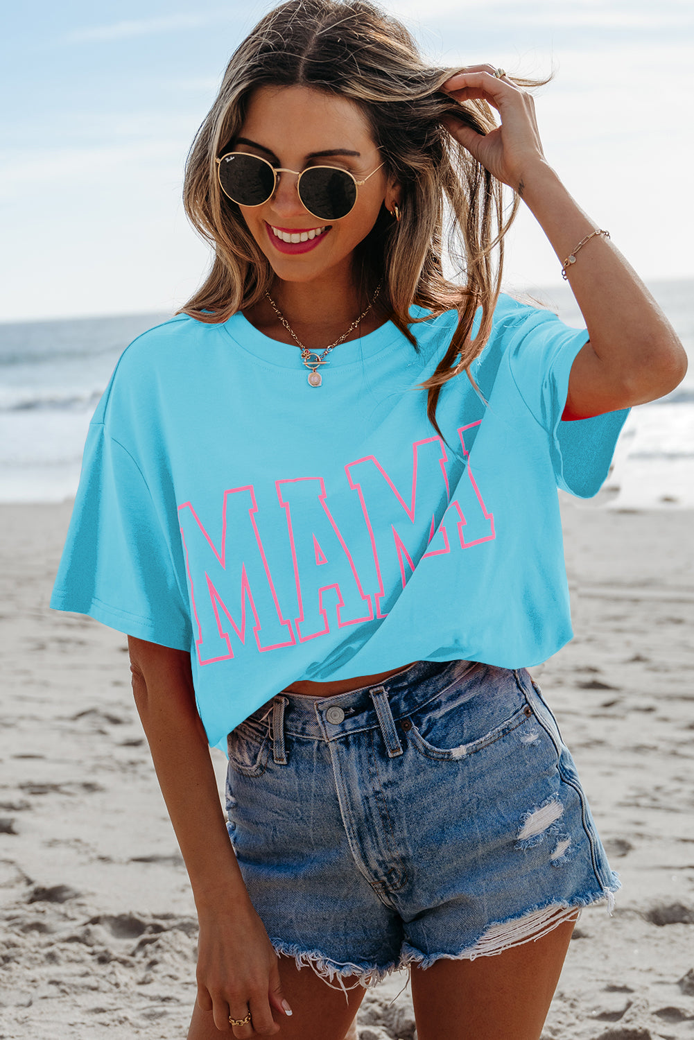Bright Pink MAMA Letter Graphic Neon T Shirt