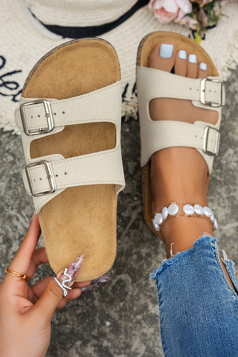 Coffee Geometric Print Cut Out Buckle PU Leather Flat Slippers