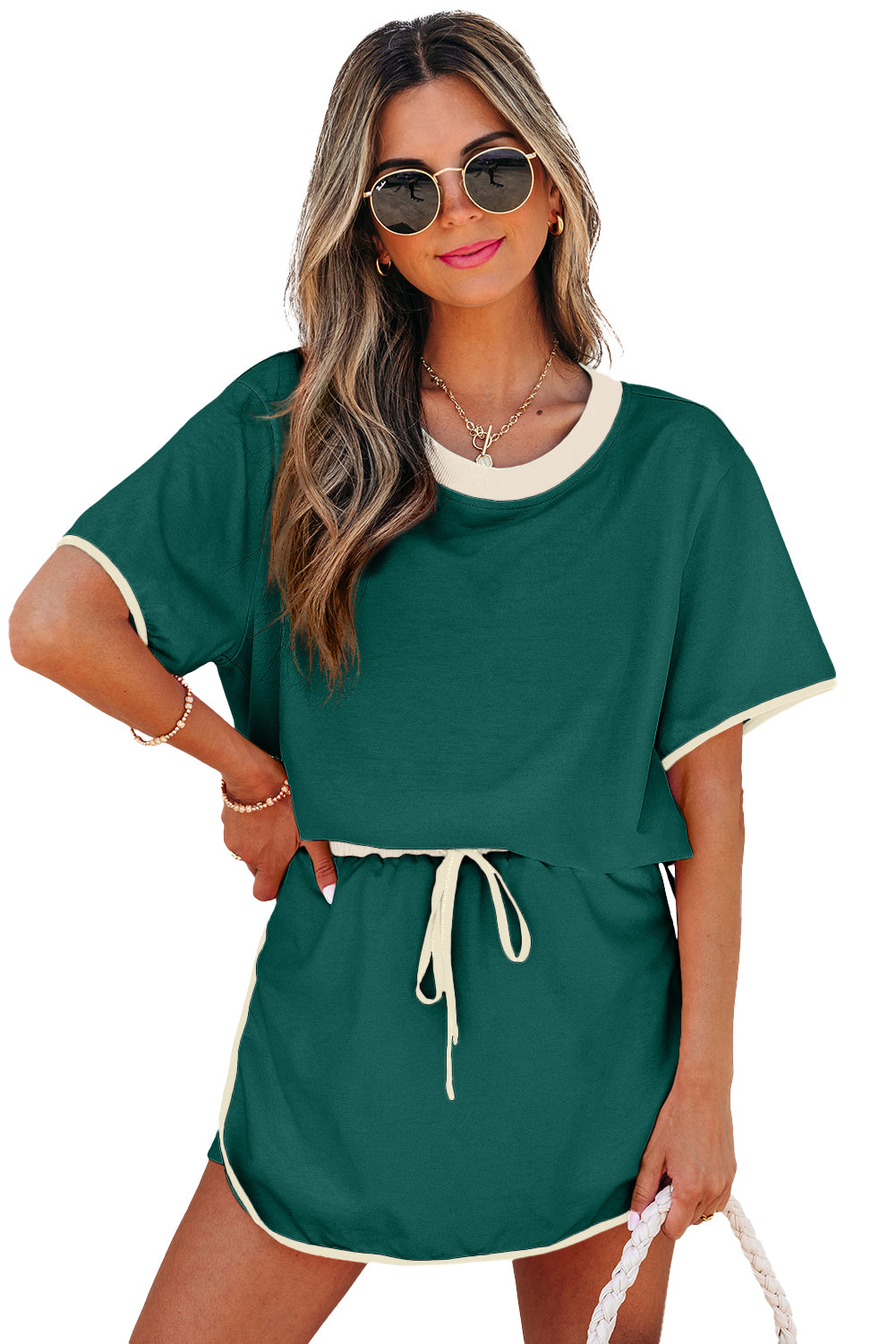 Turquoise Colorblock Edge Drop Shoulder T Shirt and Skort 2Pcs Set