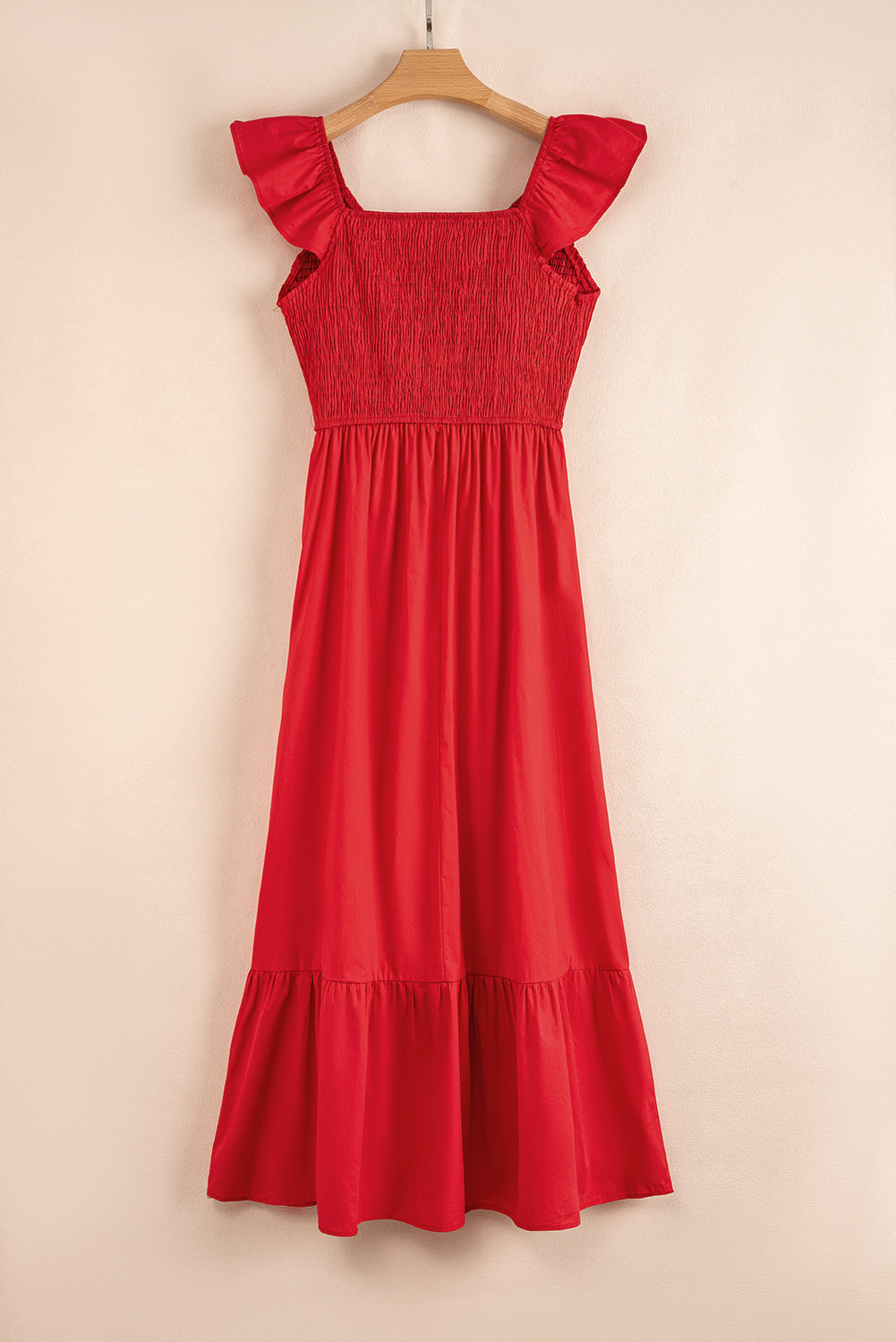 Pink V Neck Flutter Sleeve Smocked Bodice High Waist Ruffle Maxi Dress