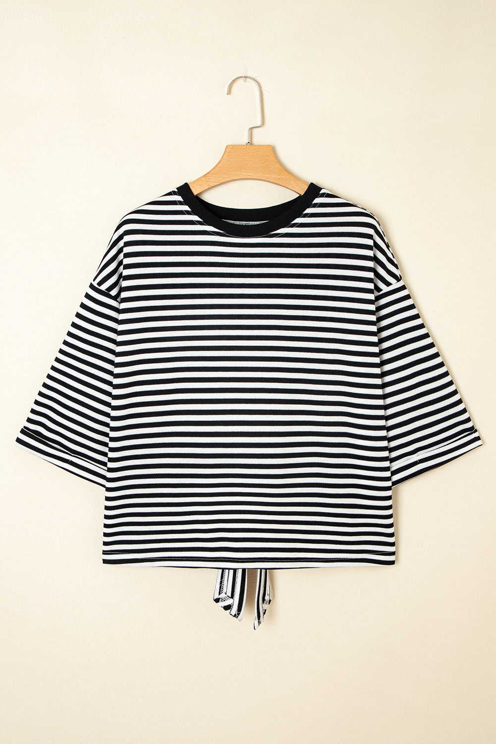 Red Stripe Bowknot Cutout Back Drop Shoulder Wide Bracelet Sleeve Loose Tee