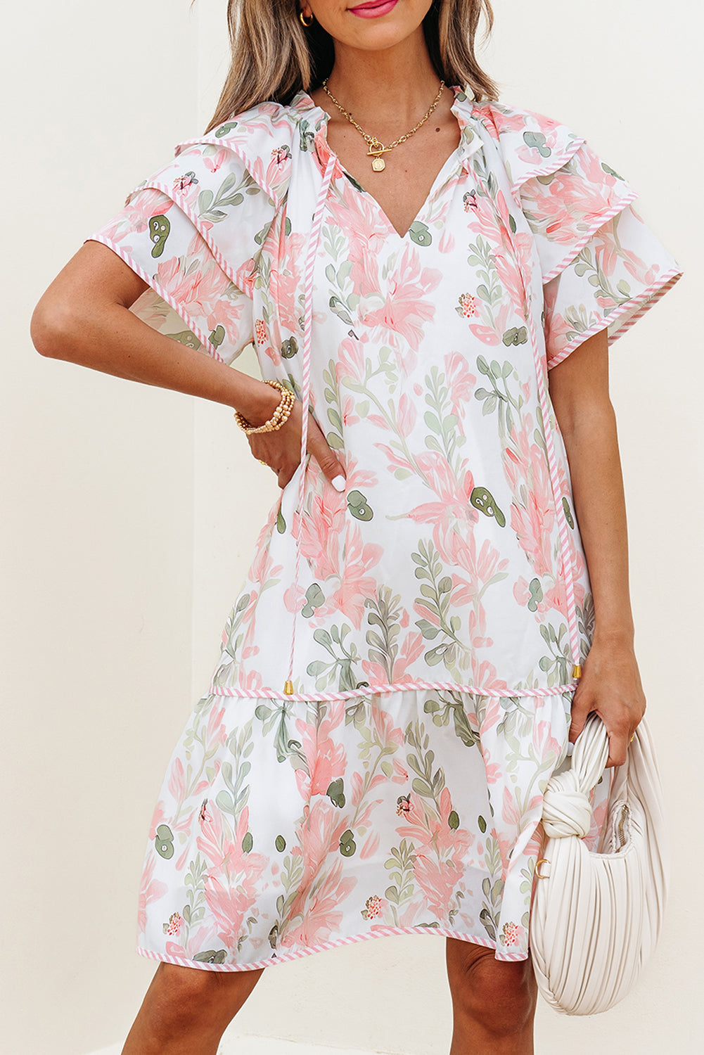 Sky Blue Floral Contrast Edge Layered Short Sleeve Mini Dress