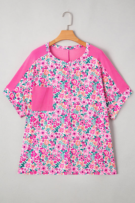 Pink Plus Size Floral Print Corded Patchwork Loose Top