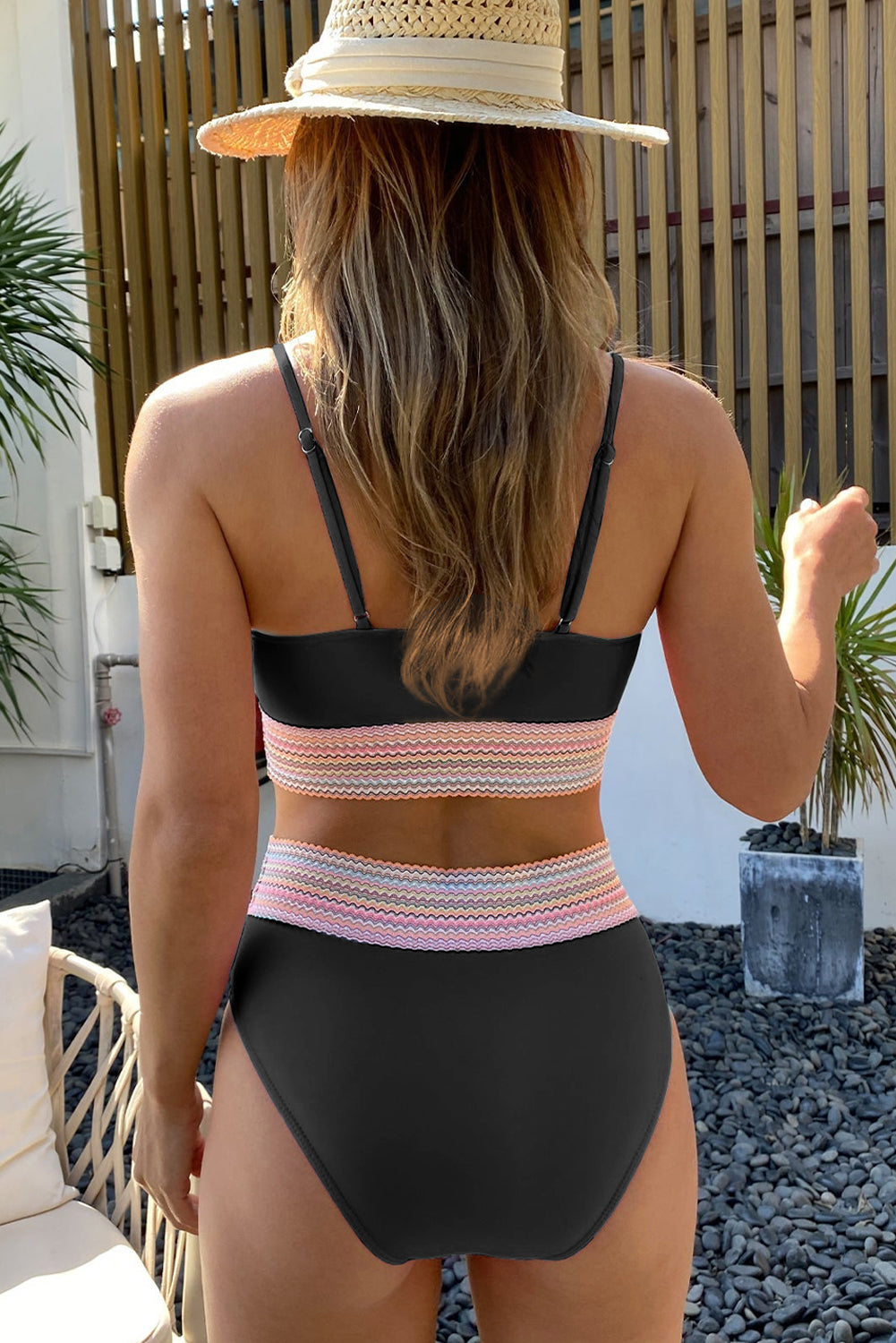 Orchid Petal Striped Patchwork Spaghetti Strap High Waist Bikini Swimsuit