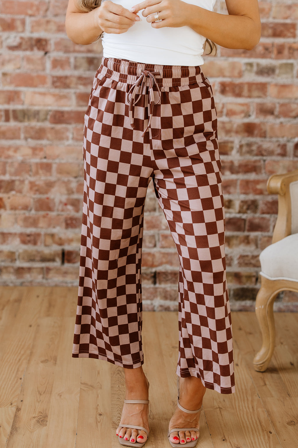 Sky Blue Checkered Elastic High Waist Loose Casual Pants