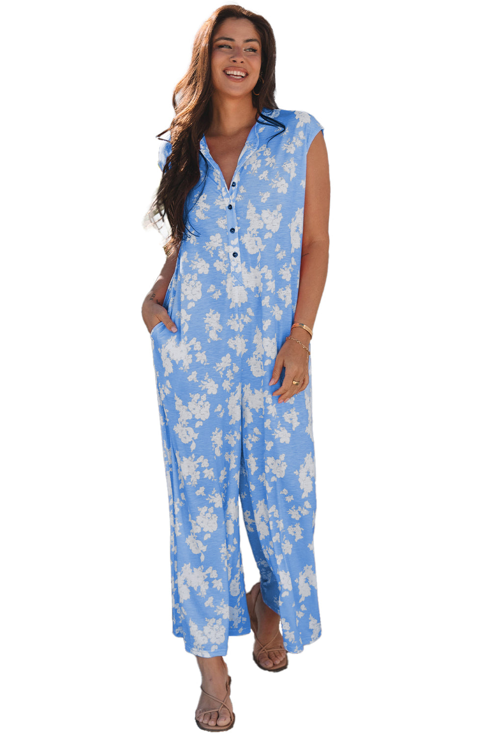 Myosotis Floral Print Half Button Wide Leg Relaxed Sleeveless Jumpsuit