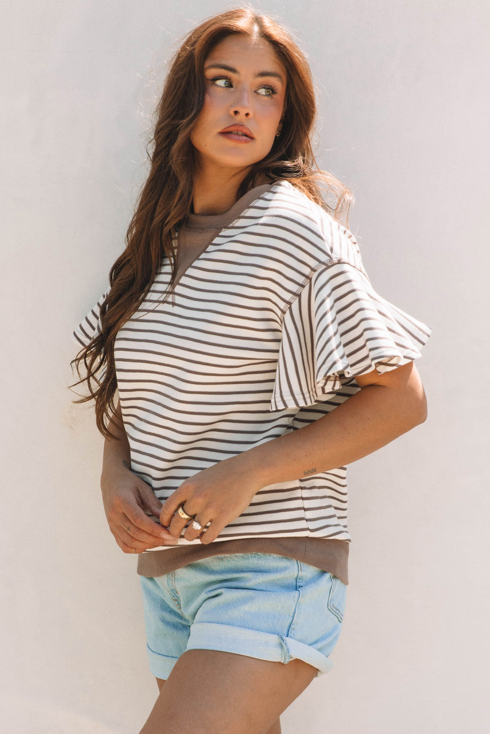 Bright Green Contrast Detail Striped Ruffle Short Sleeve Top