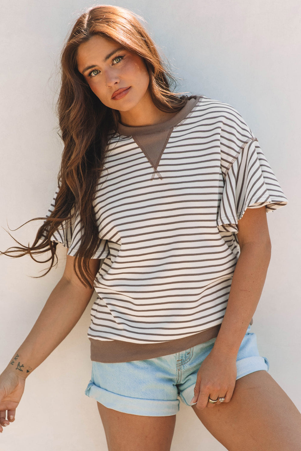 Bright Green Contrast Detail Striped Ruffle Short Sleeve Top