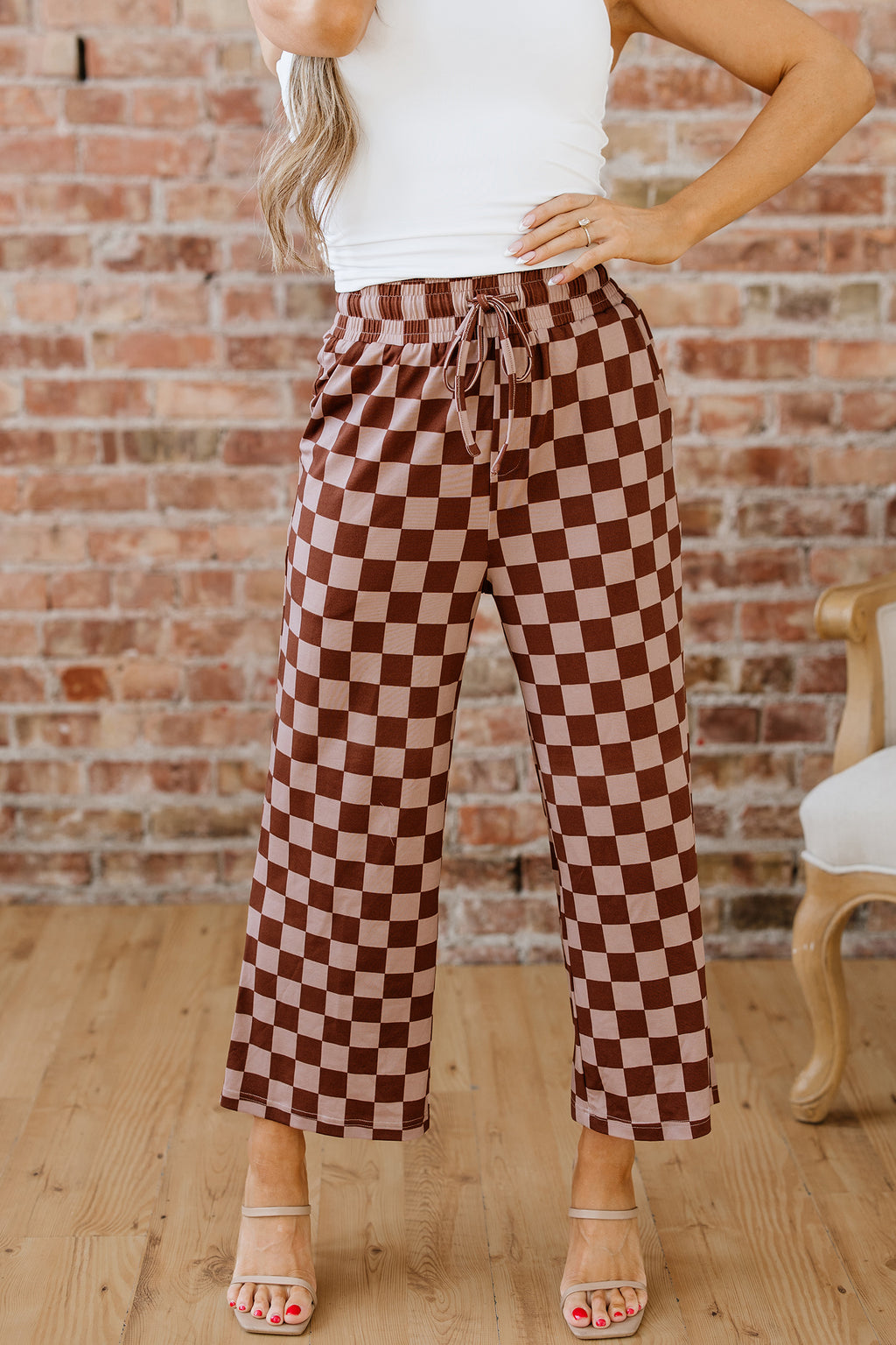 Sky Blue Checkered Elastic High Waist Loose Casual Pants
