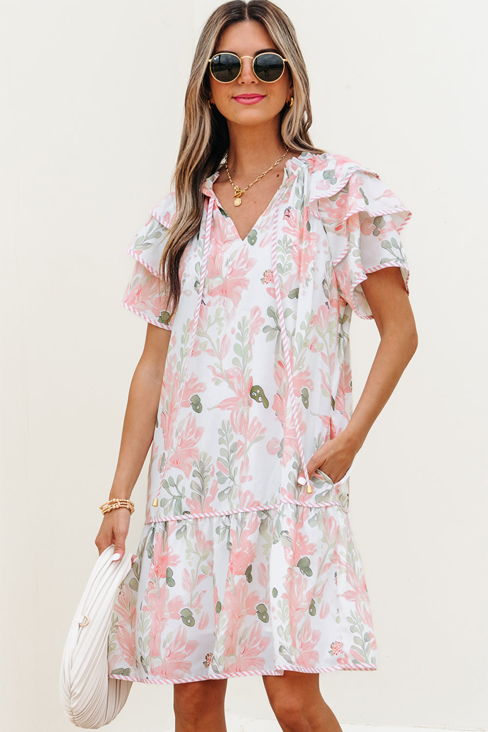 Sky Blue Floral Contrast Edge Layered Short Sleeve Mini Dress