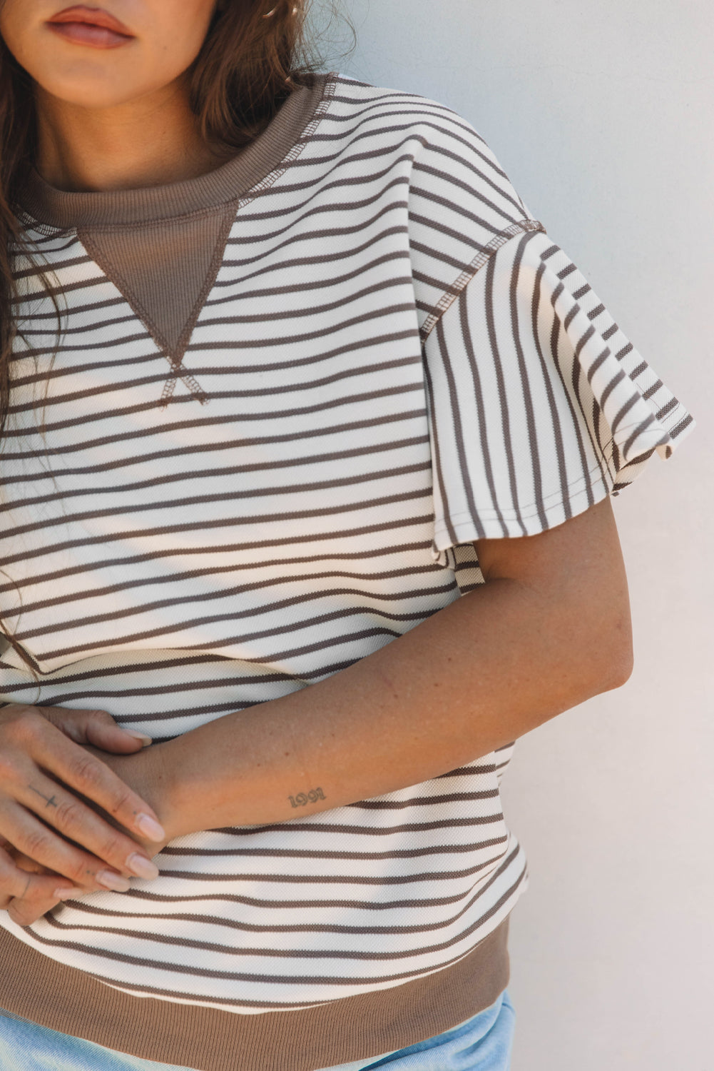 Bright Green Contrast Detail Striped Ruffle Short Sleeve Top