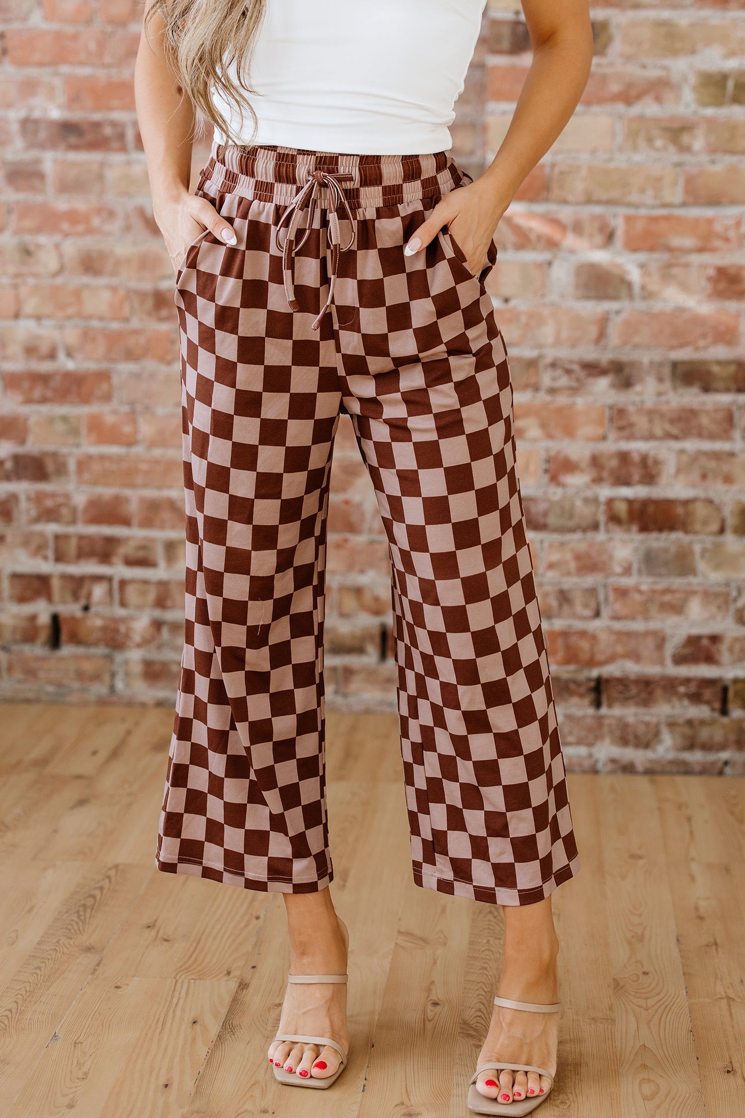 Sky Blue Checkered Elastic High Waist Loose Casual Pants