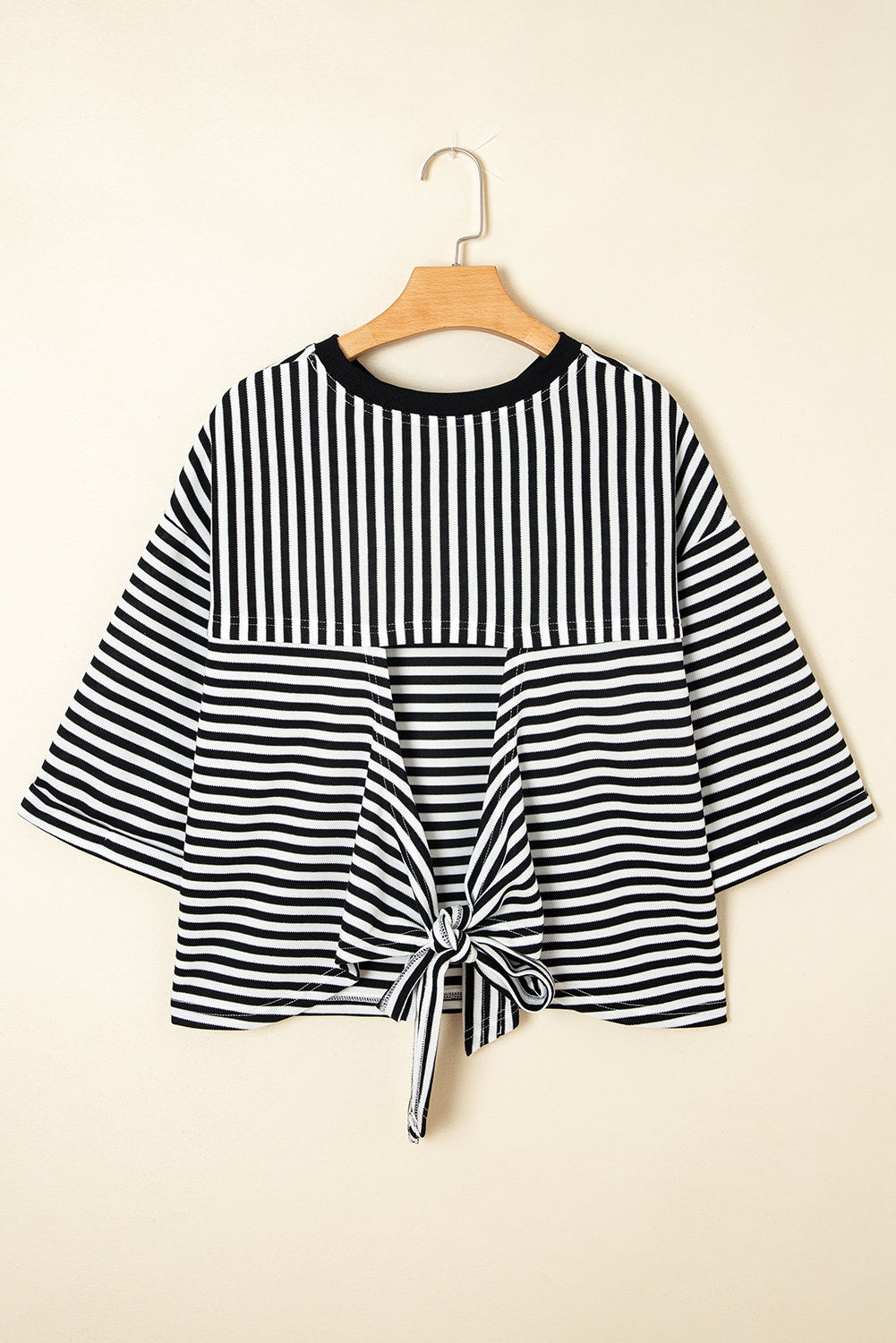Red Stripe Bowknot Cutout Back Drop Shoulder Wide Bracelet Sleeve Loose Tee