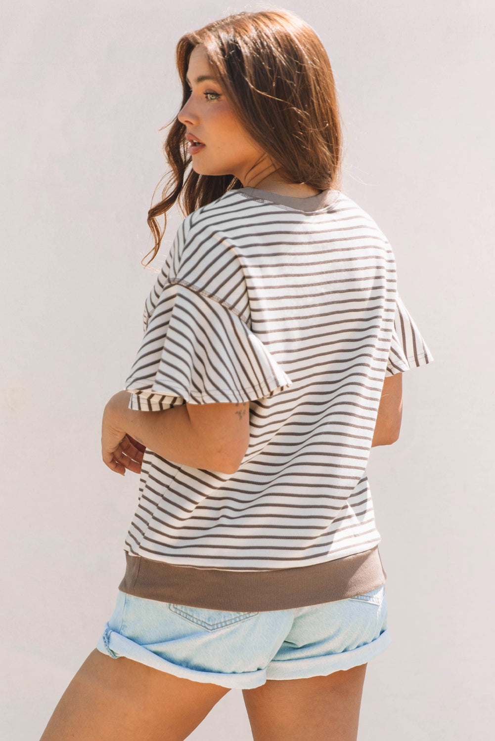 Bright Green Contrast Detail Striped Ruffle Short Sleeve Top