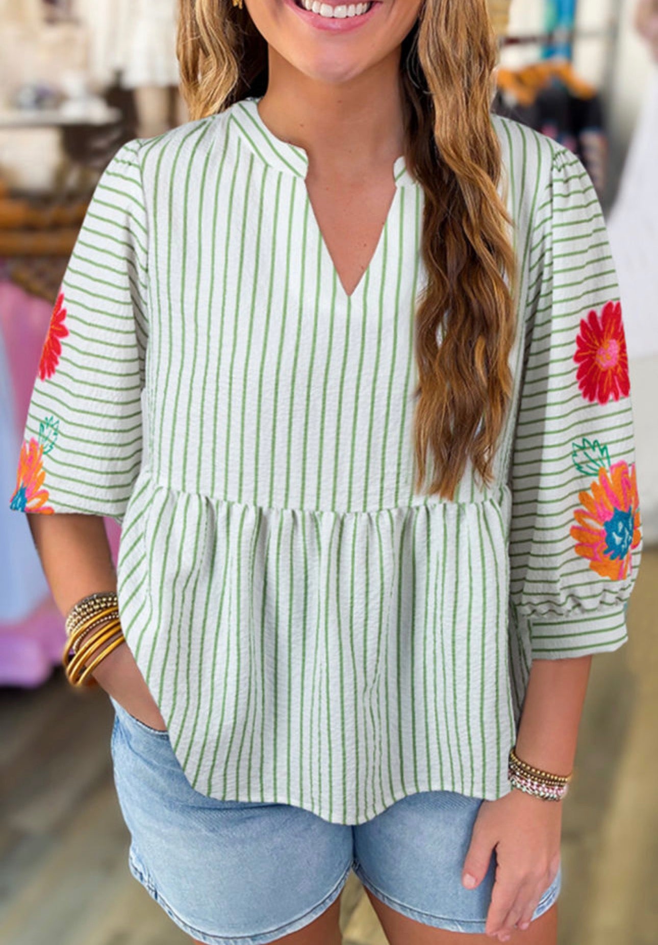 Green striped Flower Puff Sleeve Blouse
