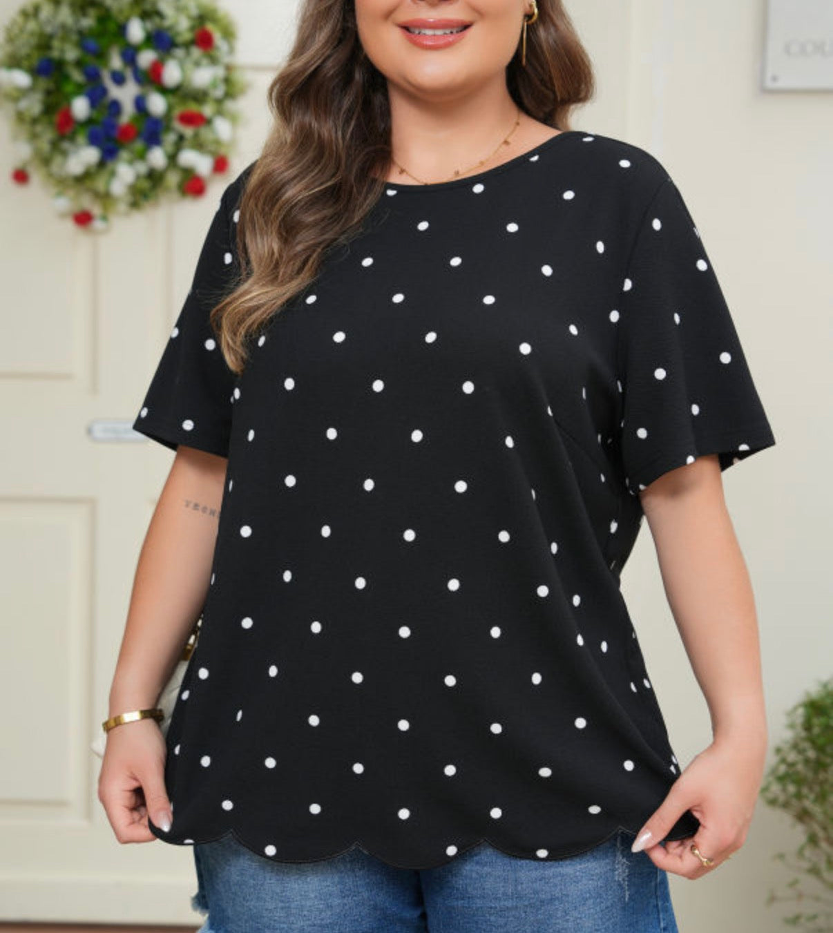 Black Top with White Polka Dots and Scallop Trim