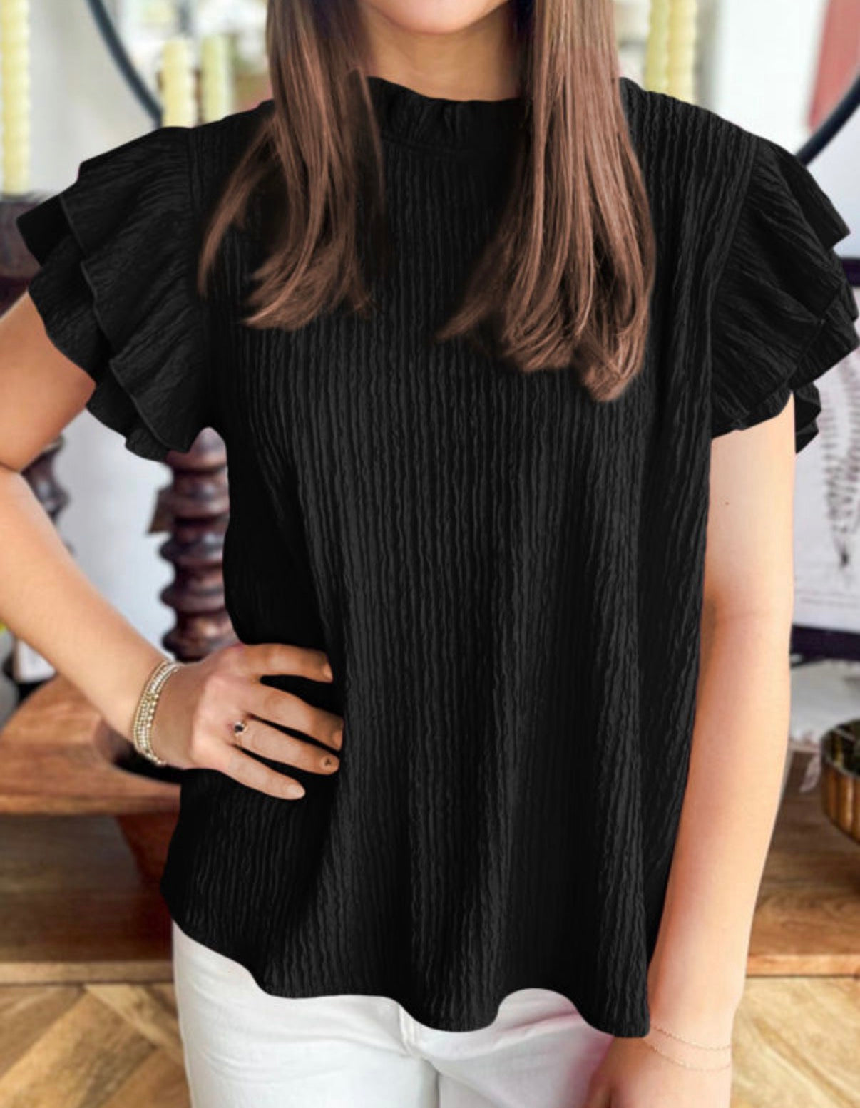 Black Textured Ruffle Top