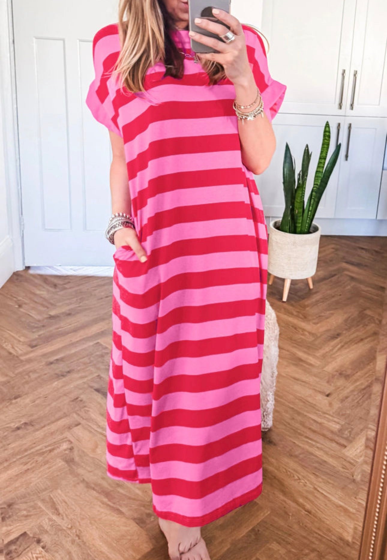 Rose Striped Short Sleeve T Shirt Dress