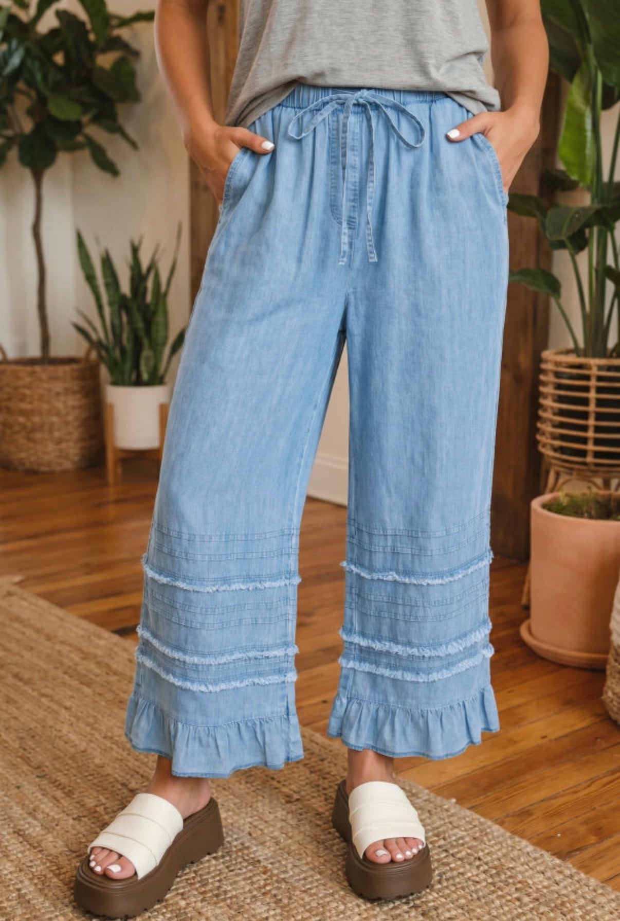 Blue Ruffled Hem Wide Leg Pants