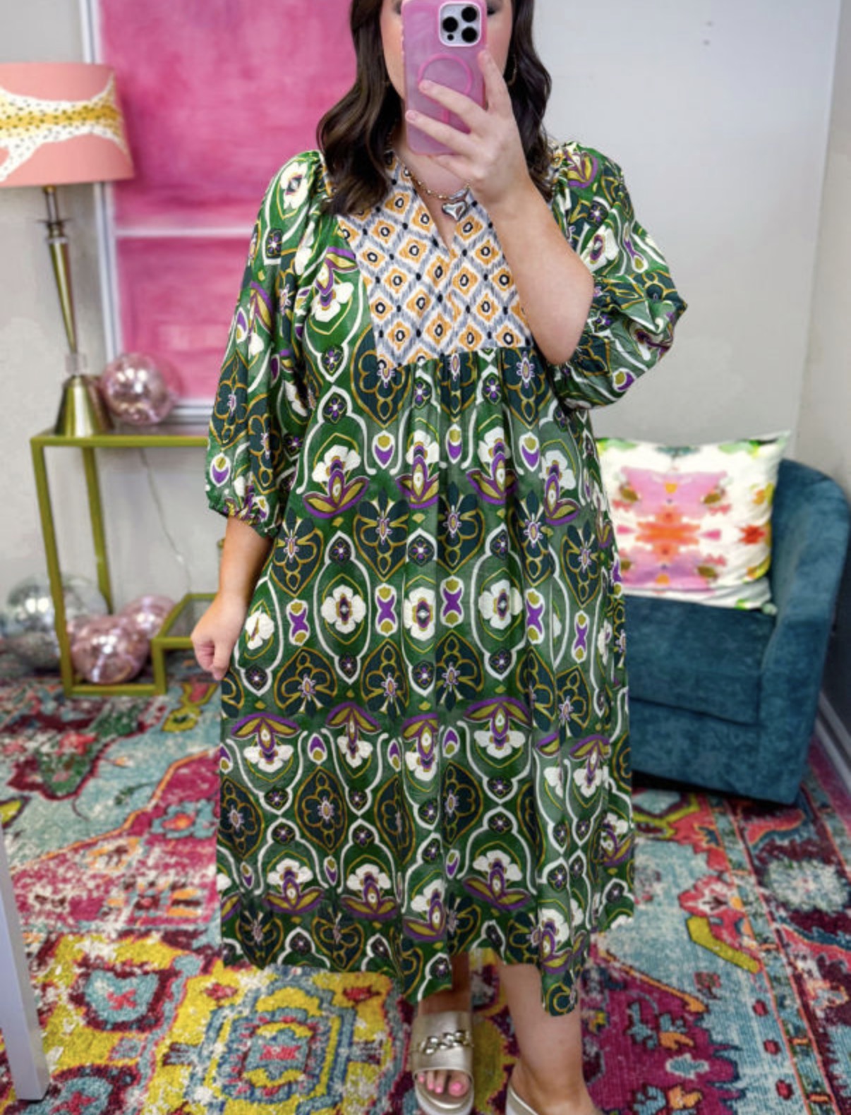 Olive Green Patterned Dress