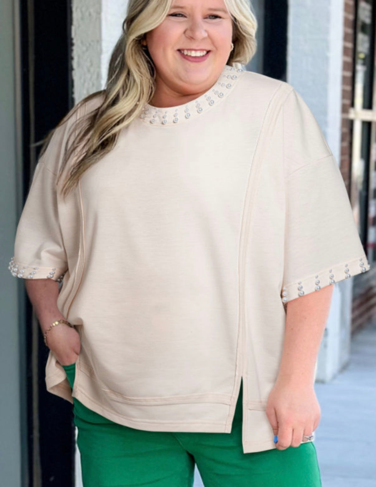 Beige Pearl Neck Top