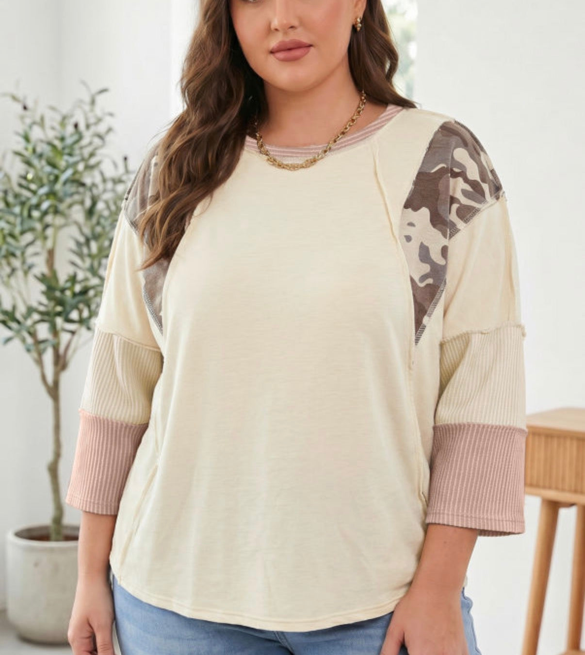 Camo and Ribbed Sleeve Top