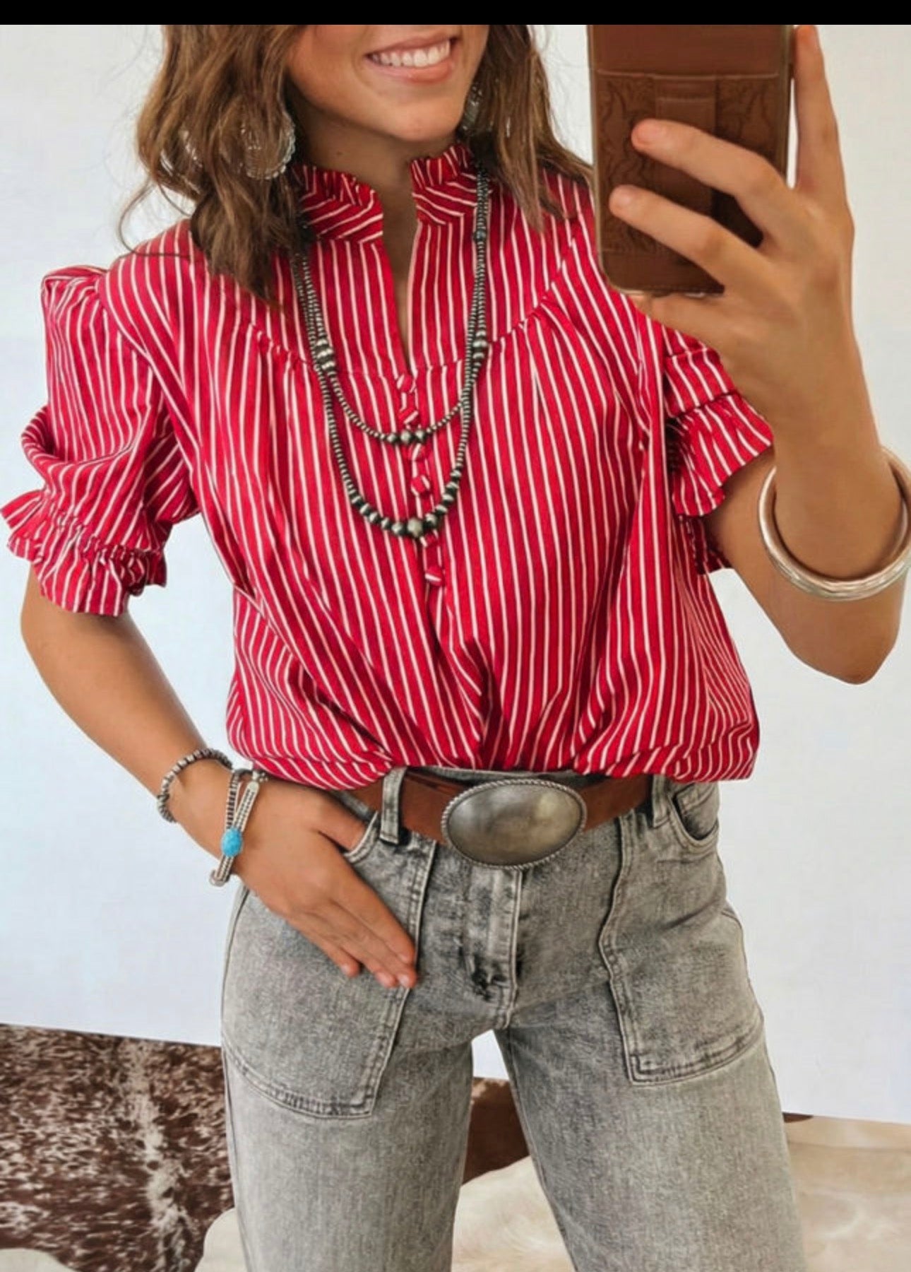 Red Stripe Puff Short Sleeve Blouse