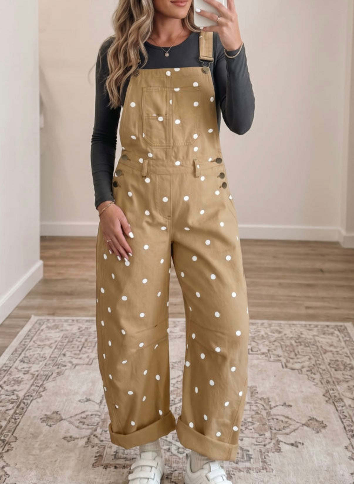 Brown and White Polka Dot Overalls