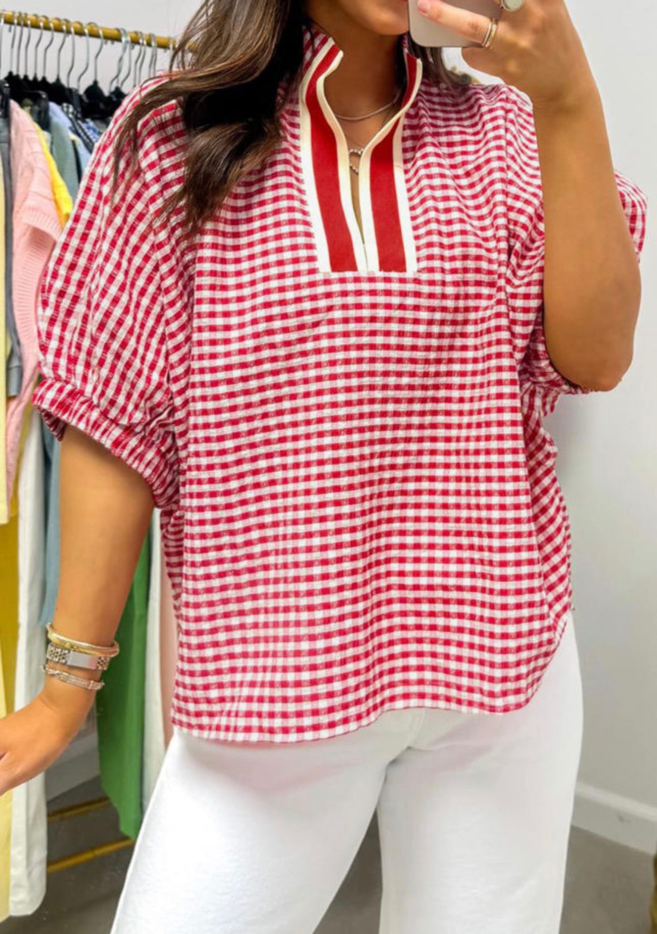 Red Plaid Short Sleeve Blouse