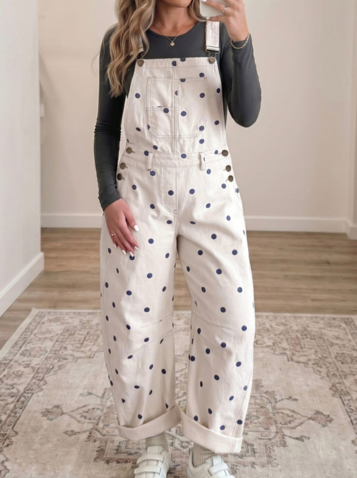 White and Navy Polka Dot Overalls