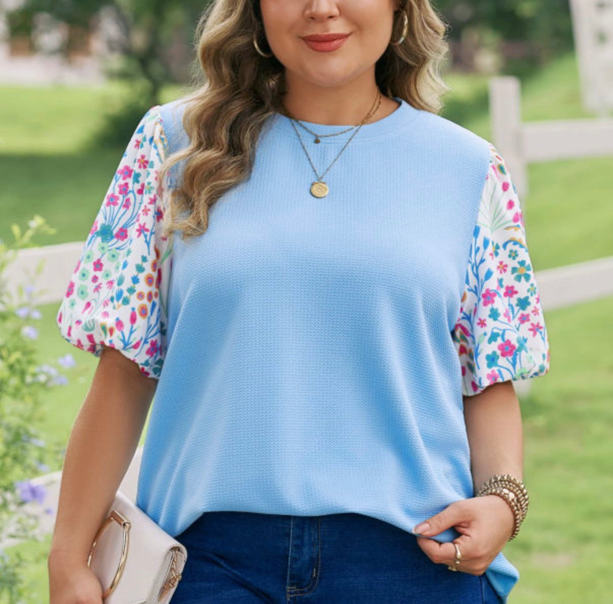 Blue Top with Floral Sleeves