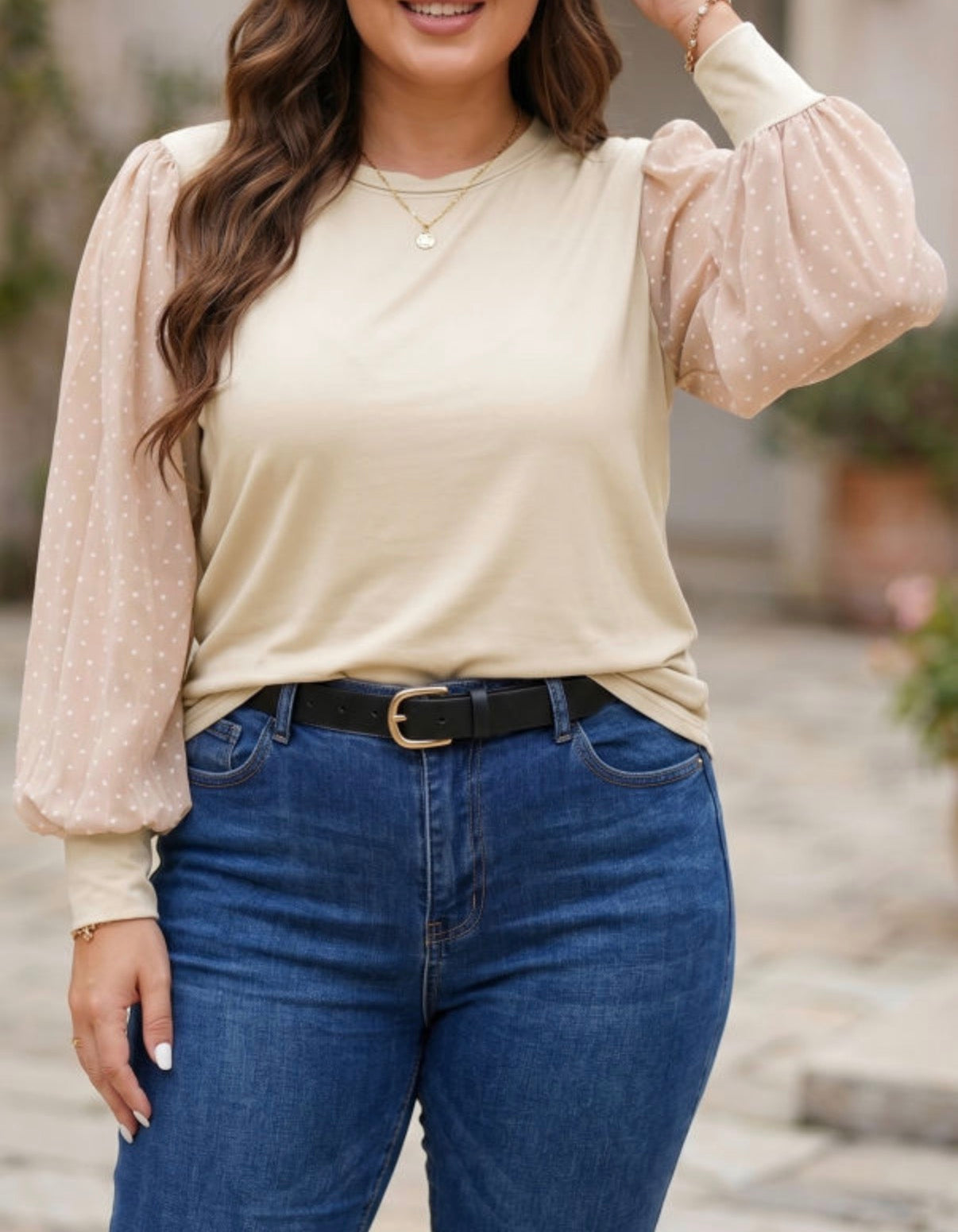Nude Polka Dot Sleeve Top