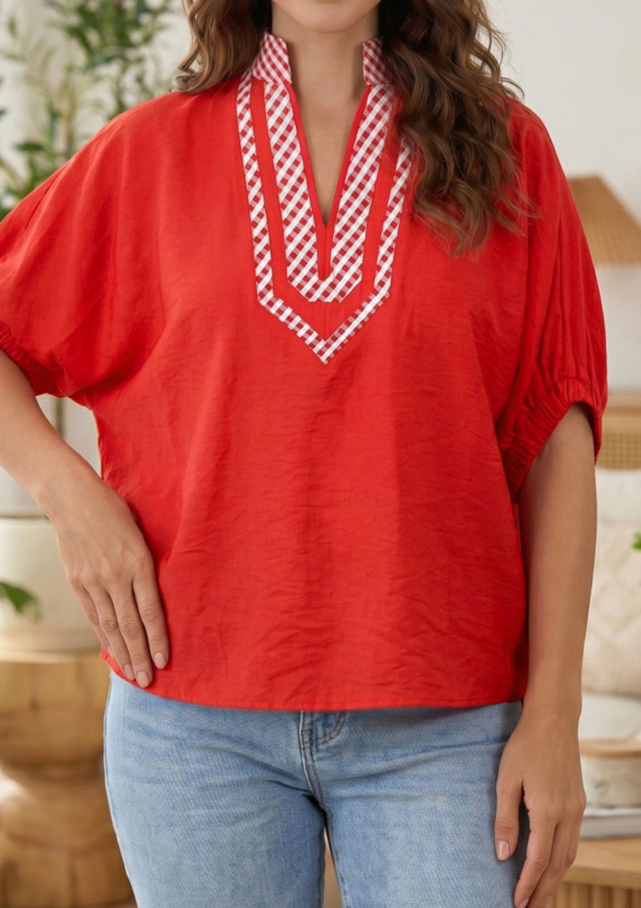 Red V Neck Short Sleeve Blouse