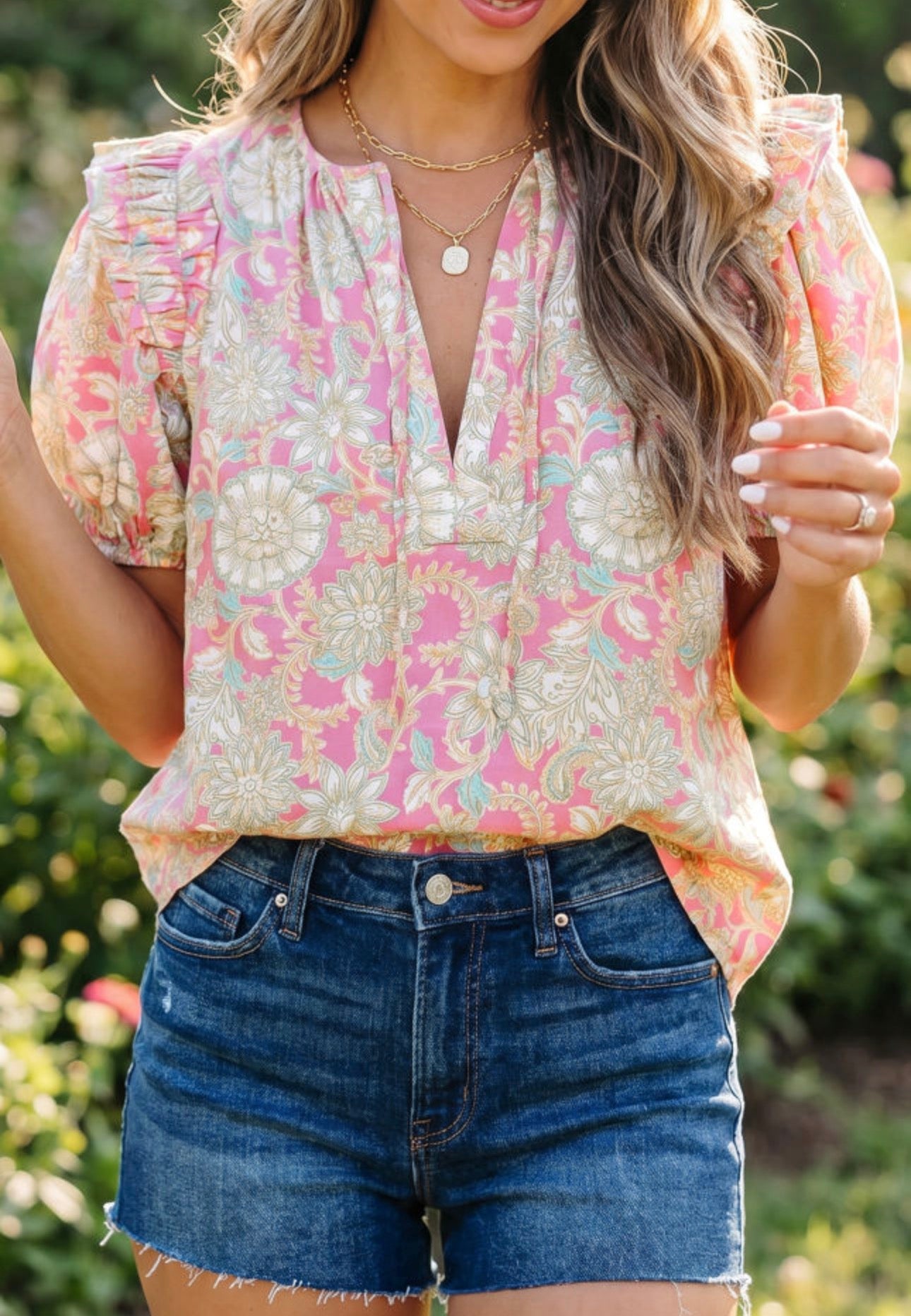Pink Tie V Neck Short Sleeve Blouse