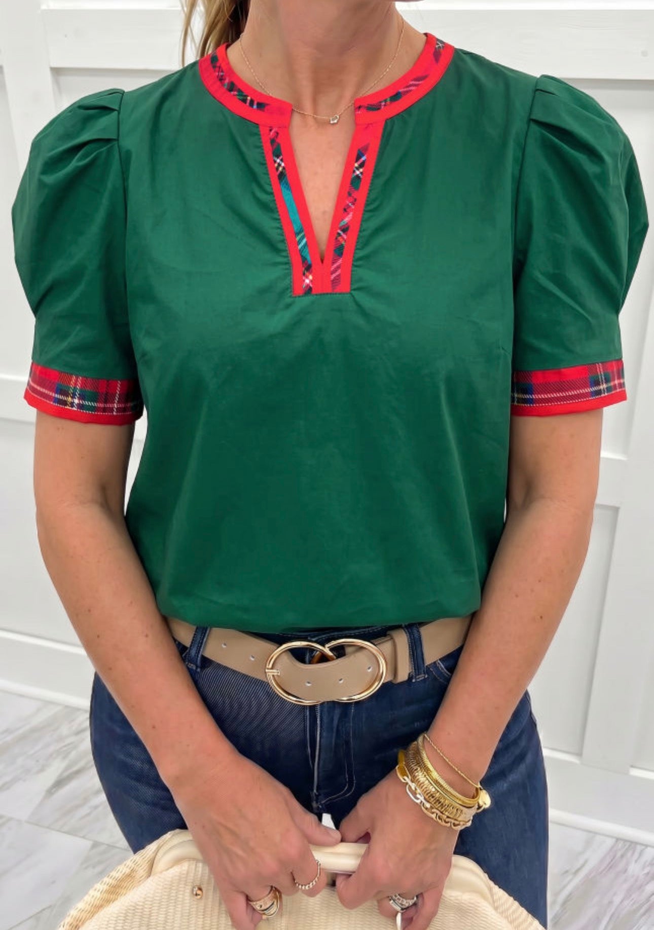 Evergreen Plaid Shirt Sleeve Blouse