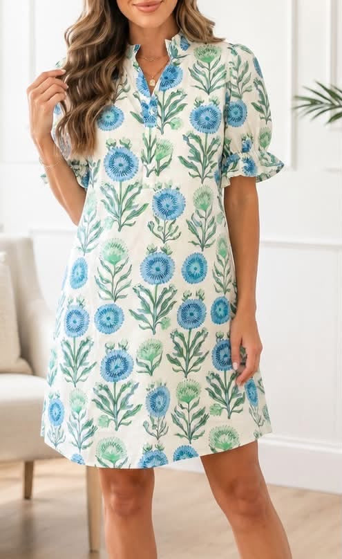 Blue Floral Frilly Dress