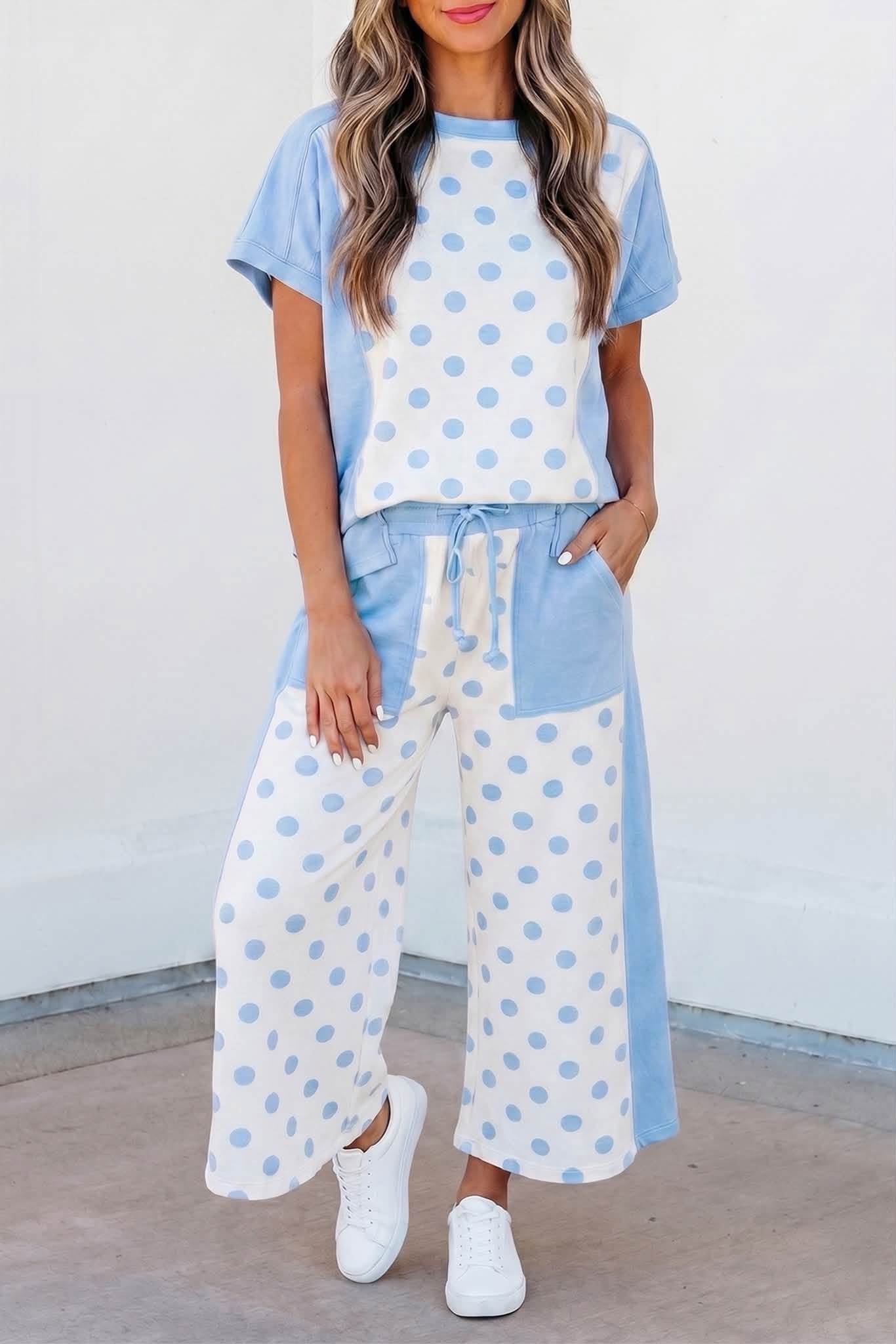 Blue Polka Dot Wide Leg Set