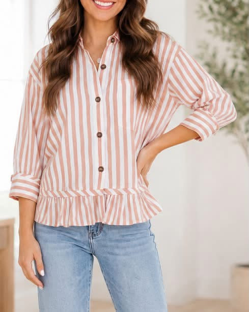 Khaki Striped Front Button Top