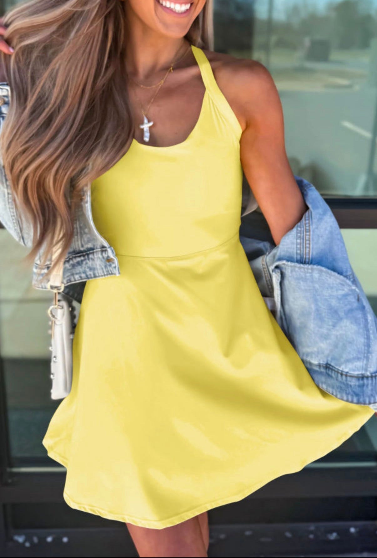 Yellow Back Cutout Active Dress with Shorts