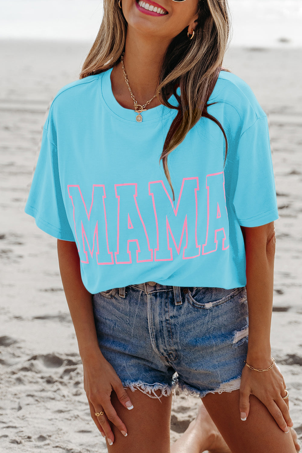 Bright Pink MAMA Letter Graphic Neon T Shirt