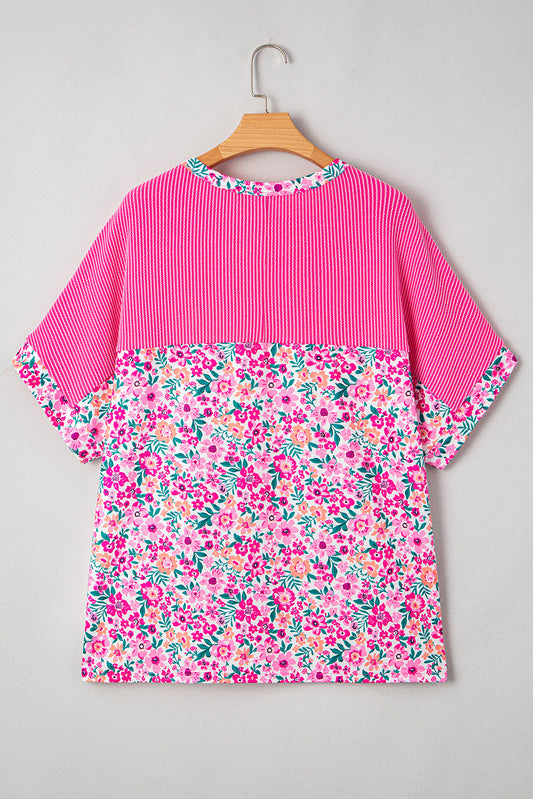 Pink Plus Size Floral Print Corded Patchwork Loose Top