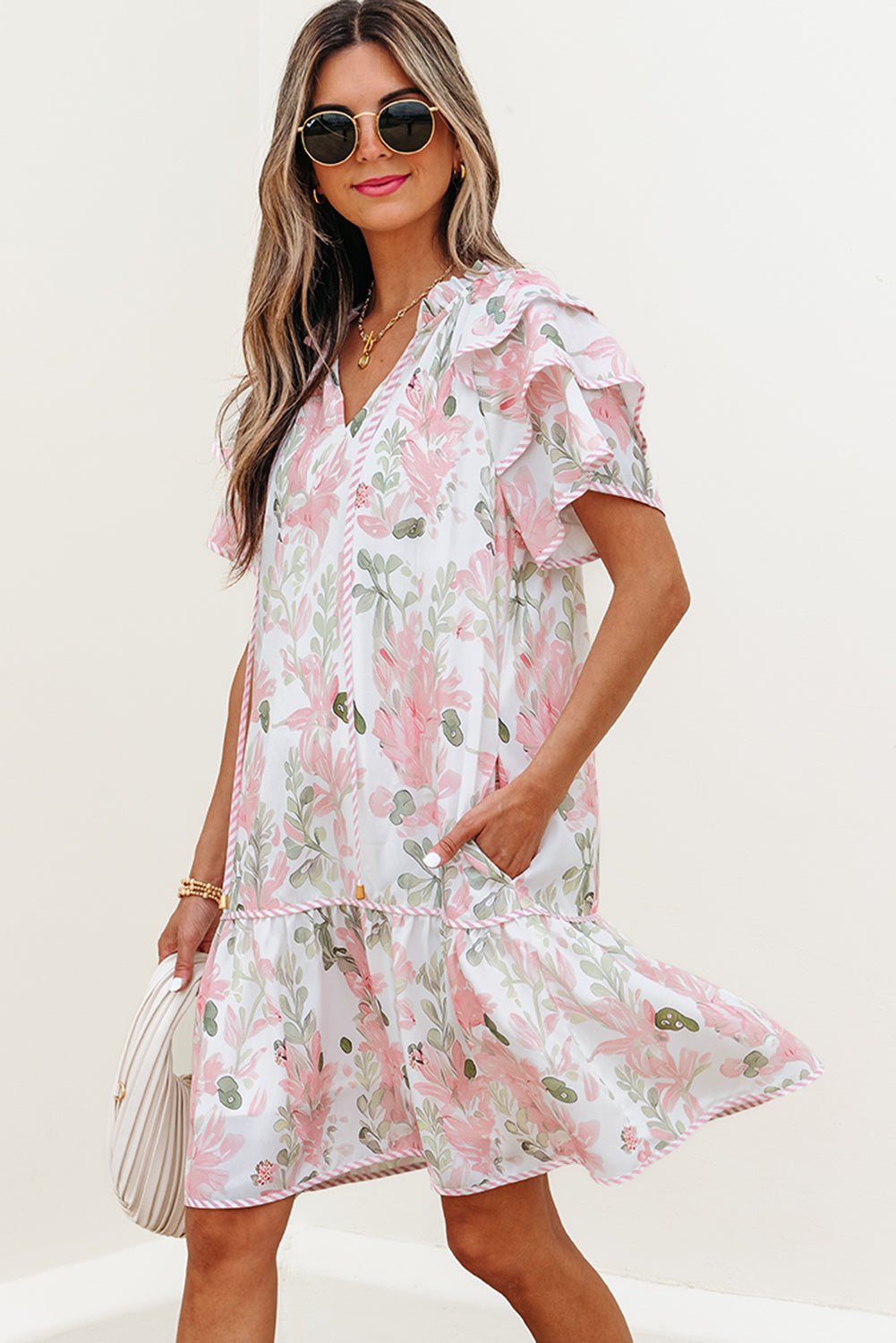 Sky Blue Floral Contrast Edge Layered Short Sleeve Mini Dress