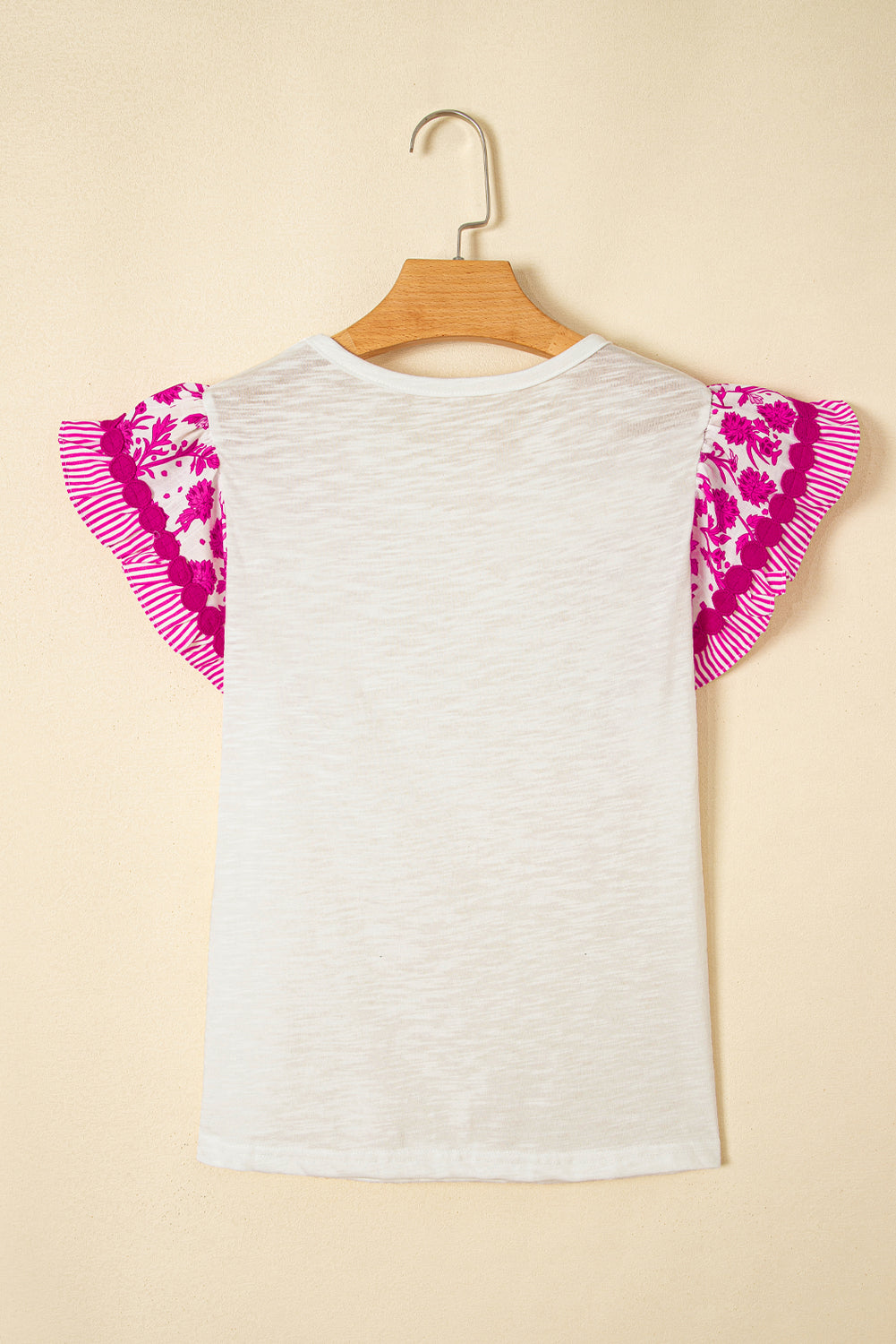 Blue Ricrac Trim Printed Flutter Sleeve Contrast Patchwork Blouse