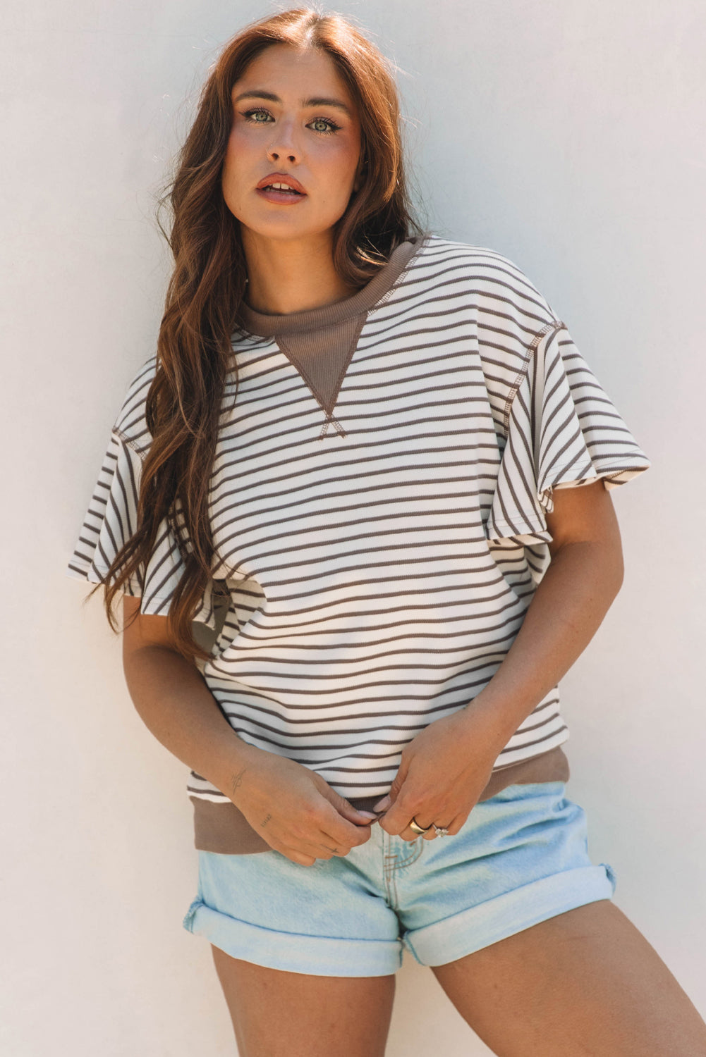 Bright Green Contrast Detail Striped Ruffle Short Sleeve Top