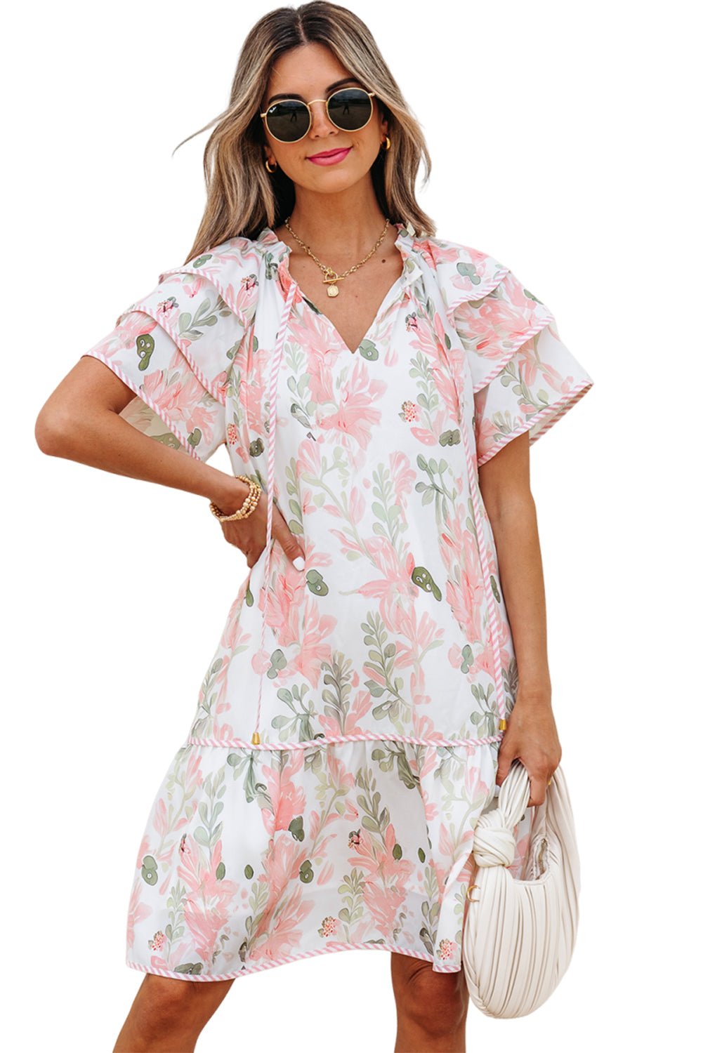 Sky Blue Floral Contrast Edge Layered Short Sleeve Mini Dress
